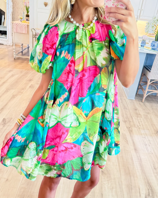 Green Mix Tropical Print Mini Dress