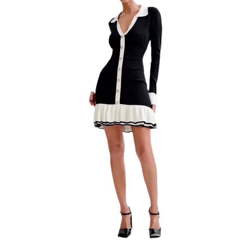 Lapel Long-sleeved Knitted Dress