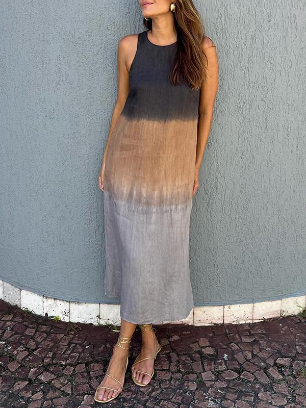 Cotton and linen sleeveless slit long dress