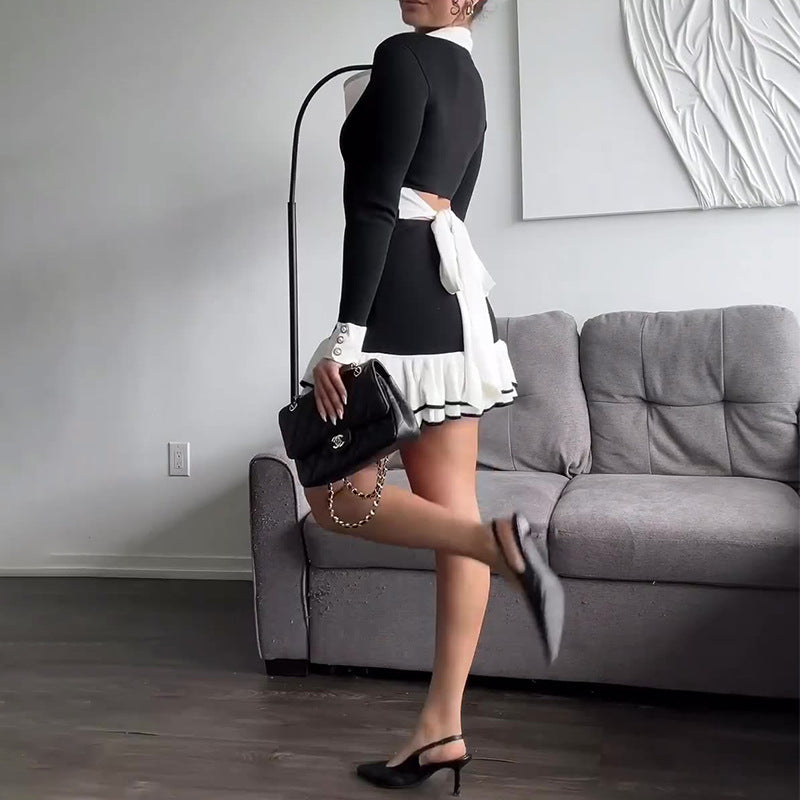 Lapel Long-sleeved Knitted  Dress