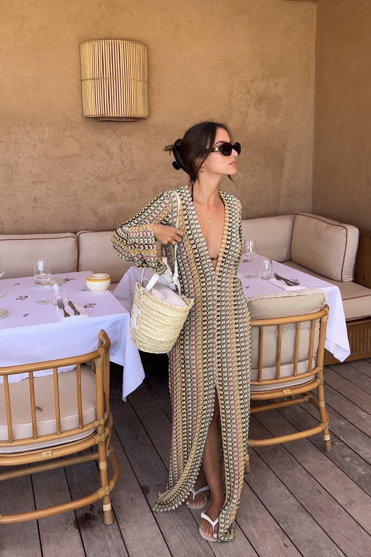 Lace Cutout V-Neck Split Beach Long Dress