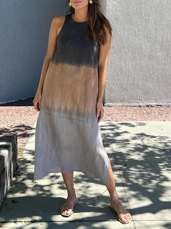 Cotton and linen sleeveless slit long dress